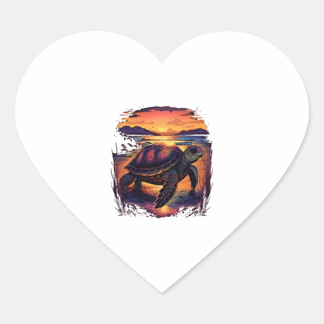 Turtle Sea Ocean Seashore Tropical Beach Sunset Co Heart Sticker (Front)