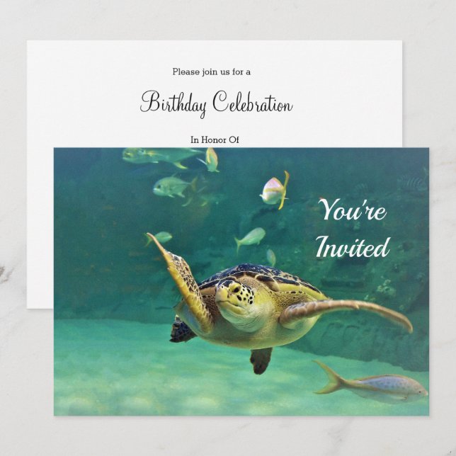 Turtle Sea Water Fish Photo Birthday Invitation (Front/Back)