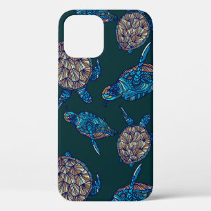 Turtle seamless pattern on dark background. illust iPhone 12 case