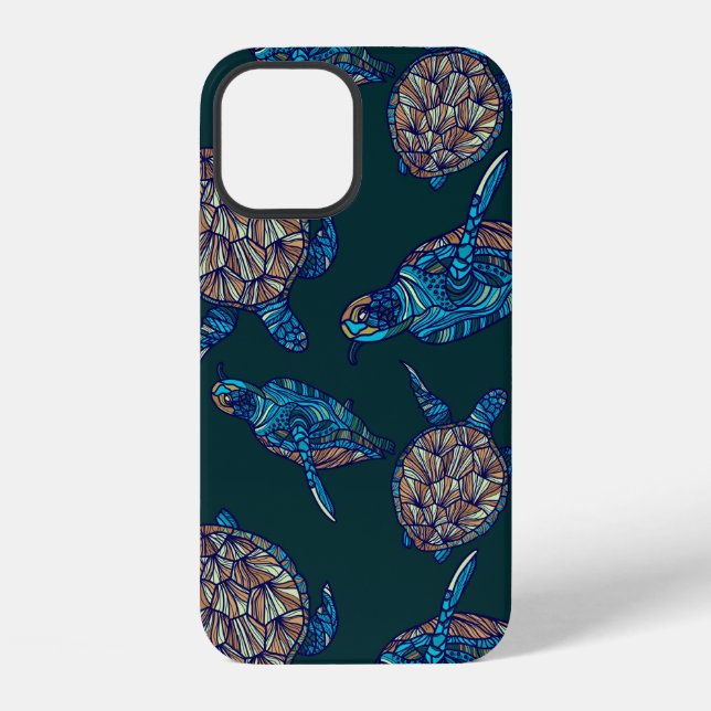 Turtle seamless pattern on dark background. illust iPhone case (Back)