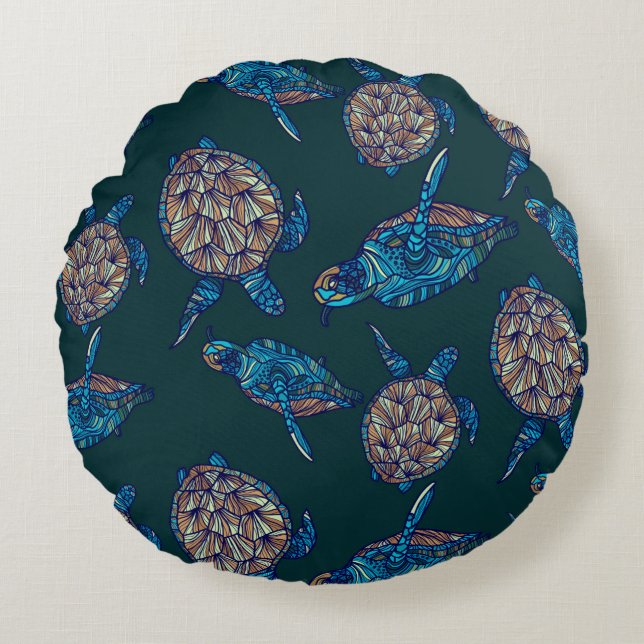 Turtle seamless pattern on dark background. illust round cushion (Front)
