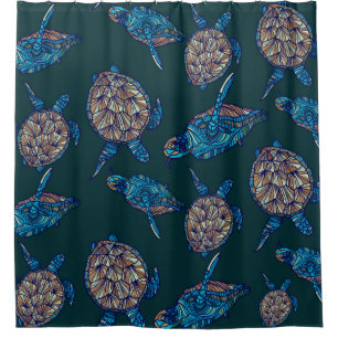 Turtle seamless pattern on dark background. illust shower curtain