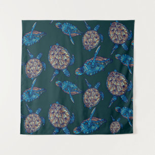 Turtle seamless pattern on dark background. illust tapestry