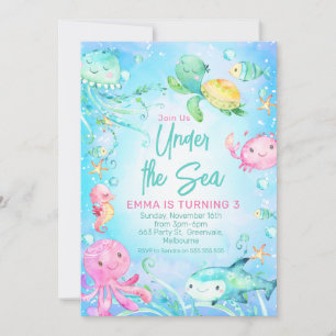 Turtle Shark Octopus Under The Sea Birthday  Invitation