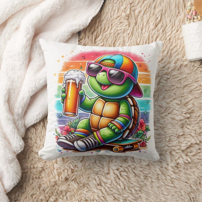 Turtle skateboarder sipping a drink outdoors cushion (Blanket)