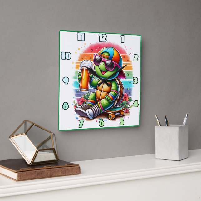Turtle skateboarder sipping a drink outdoors square wall clock (Office)