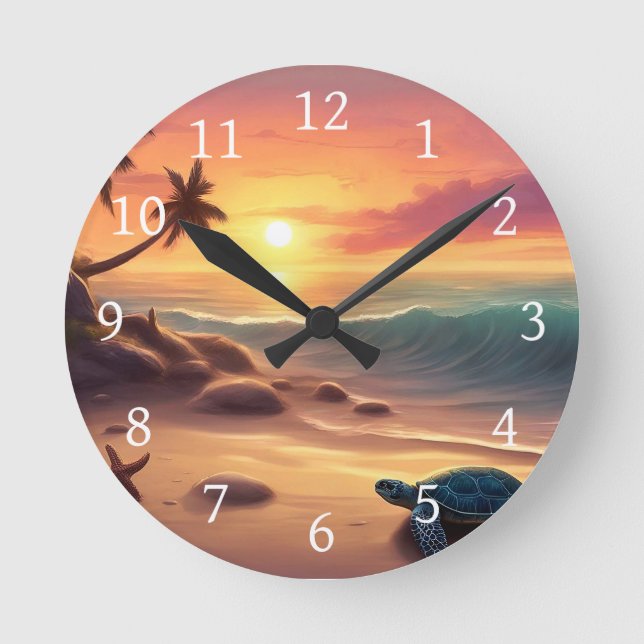 Turtle Starfish Beach Sunset Design 307 Round Clock (Front)