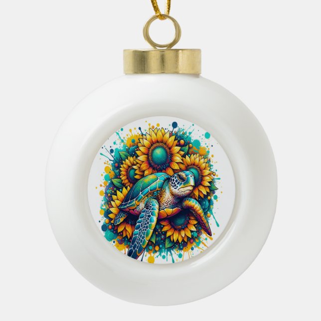 Turtle Sunflower Ceramic Ball Christmas Ornament (Front)
