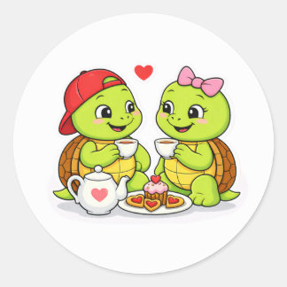 Turtle tea time with love classic round sticker