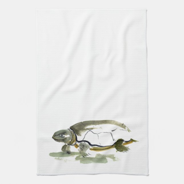 Turtle, traditional Sumi-e in colour Tea Towel (Vertical)