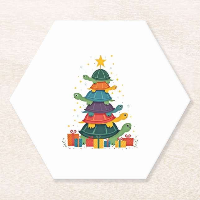 Turtle Tree Christmas Tree Adorable Turtle Christm Paper Coaster (Front)
