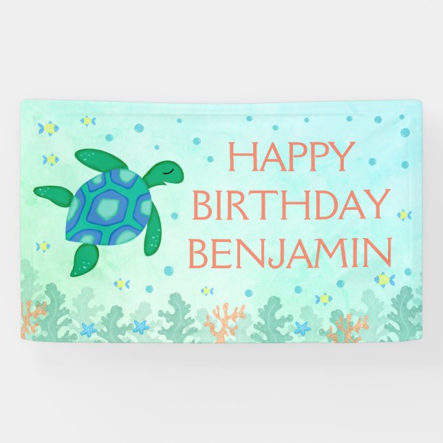 Turtle Under The Sea Happy Birthday Banner (Horizontal)