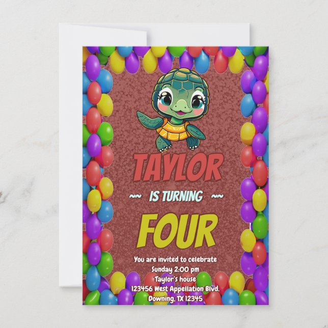 Turtle Unique  Personalised Birthday Invite Kids (Front)