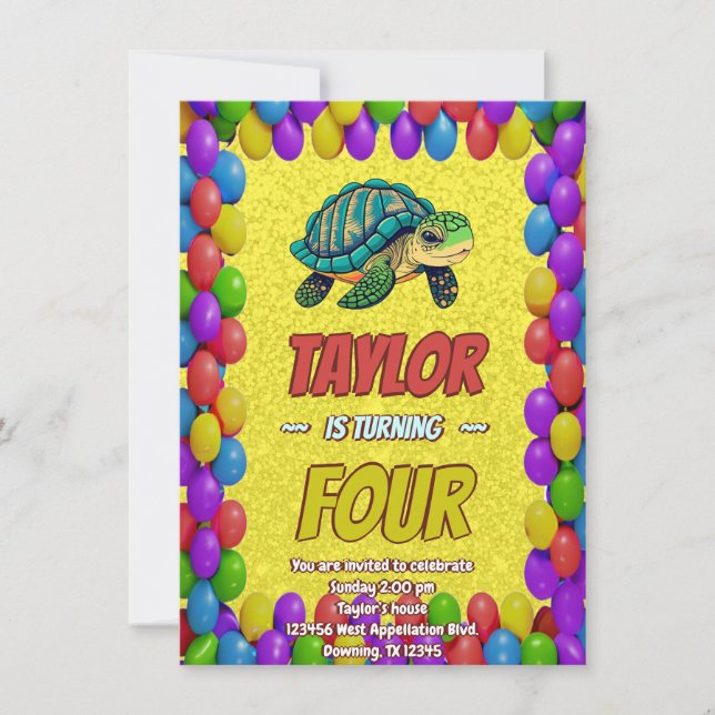 Turtle Unique  Personalised Birthday Invite Kids (Front)