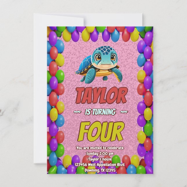 Turtle Unique Personalised Birthday Invite Kids (Front)