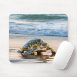 Turtle Walking On Wet Beach Sand Mouse Mat