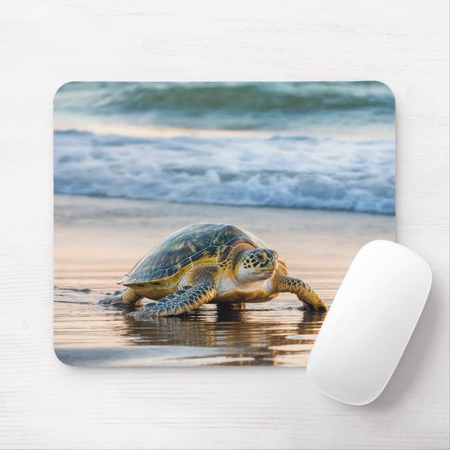 Turtle Walking On Wet Beach Sand Mouse Mat (With Mouse)