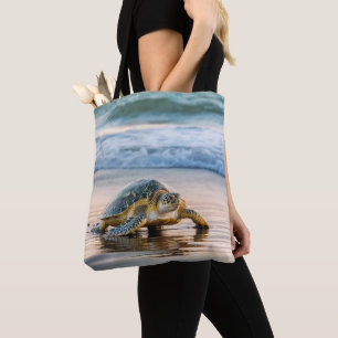 Turtle Walking On Wet Beach Sand Tote Bag