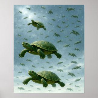 Turtle Wall Art, Happy Turtle in the Rain Art  Poster