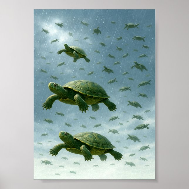 Turtle Wall Art, Happy Turtle in the Rain Art Poster (Front)