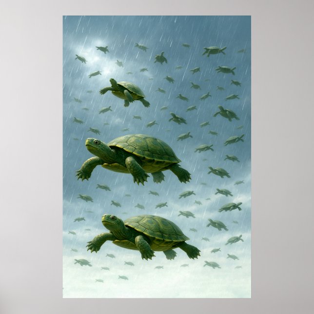 Turtle Wall Art, Happy Turtle in the Rain Art Poster (Front)
