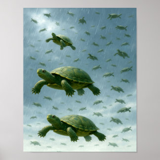 Turtle Wall Art, Happy Turtle in the Rain Art Poster