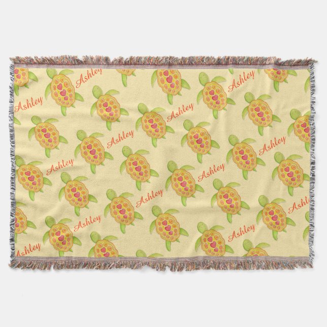 Turtle watercolor art name pattern yellow throw blanket (Front)