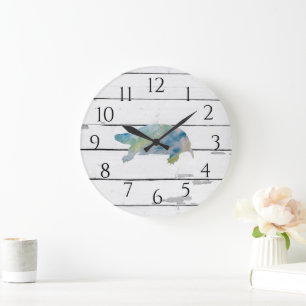 Turtle Watercolor Shiplap Beach Rustic Decor Large Clock