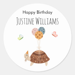 Turtle with balloons and party hat, classic round sticker