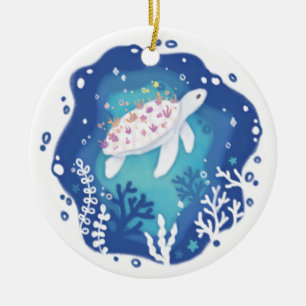Turtle with Corals in Ocean Paper Art Illustration Ceramic Tree Decoration