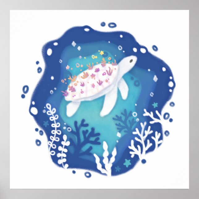 Turtle with Corals in Ocean Paper Art Illustration Poster (Front)