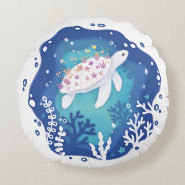 Turtle with Corals in Ocean Paper Art Illustration Round Cushion (Front)