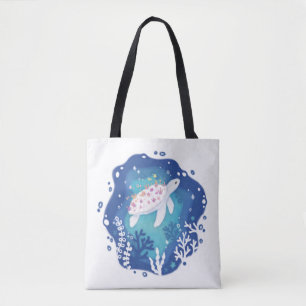 Turtle with Corals in Ocean Paper Art Illustration Tote Bag