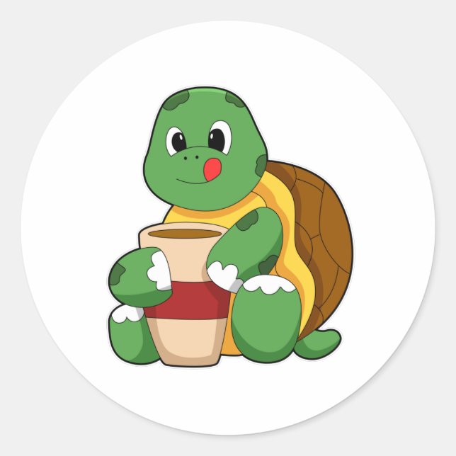 Turtle with Cup of Coffee Classic Round Sticker (Front)