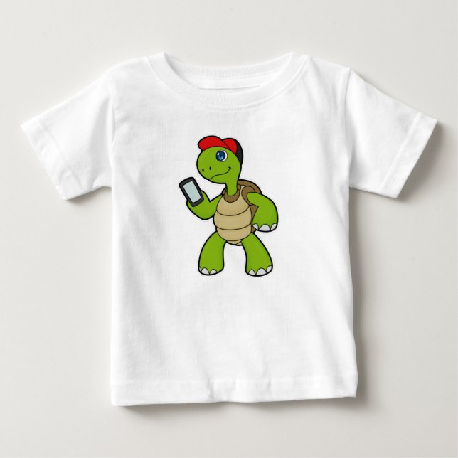 Turtle with Phone & Hat Baby T-Shirt (Front)