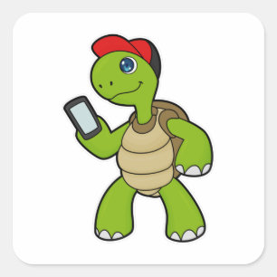 Turtle with Phone & Hat Square Sticker