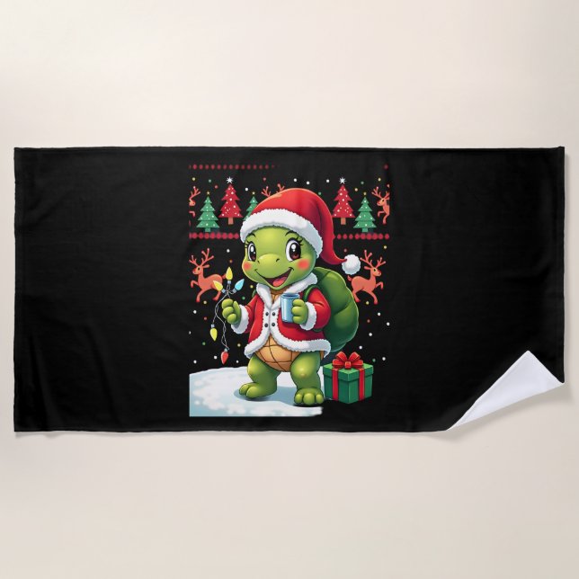 Turtle Xmas Lights Ugly Santa Turtle Christmas Tan Beach Towel (Front)