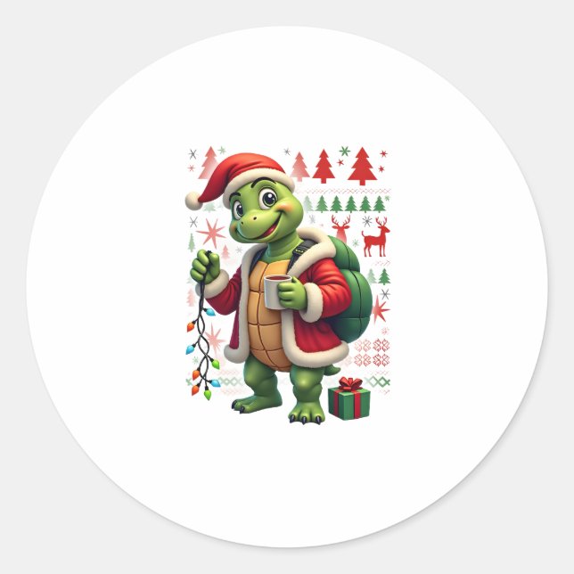 Turtle Xmas Lights Ugly Santa Turtle Christmas Tan Classic Round Sticker (Front)