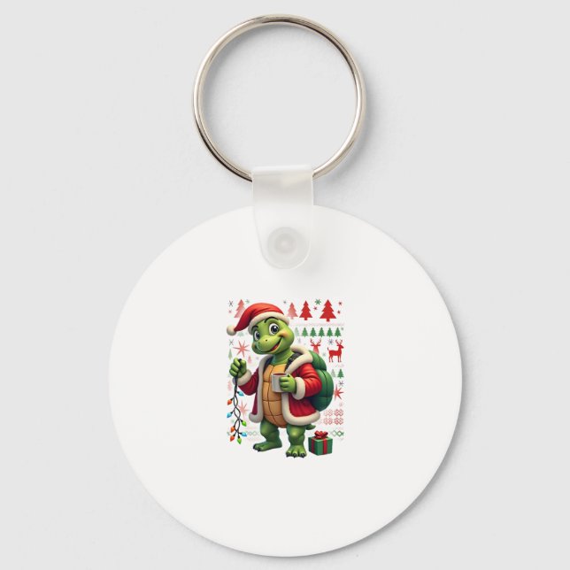 Turtle Xmas Lights Ugly Santa Turtle Christmas Tan Key Ring (Front)