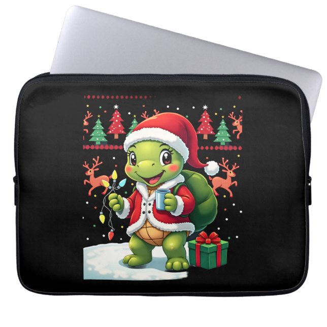 Turtle Xmas Lights Ugly Santa Turtle Christmas Tan Laptop Sleeve (Front)