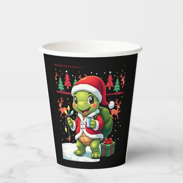 Turtle Xmas Lights Ugly Santa Turtle Christmas Tan Paper Cups (Front)