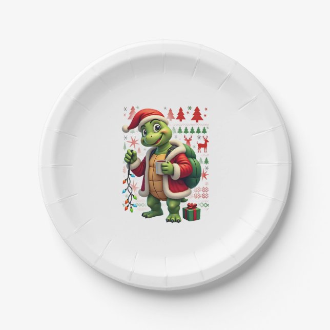 Turtle Xmas Lights Ugly Santa Turtle Christmas Tan Paper Plate (Front)
