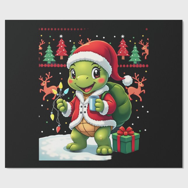 Turtle Xmas Lights Ugly Santa Turtle Christmas Tan Wrapping Paper (Flat)