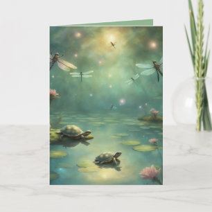 Turtles and Dragon Flies on a pond Birthday Card