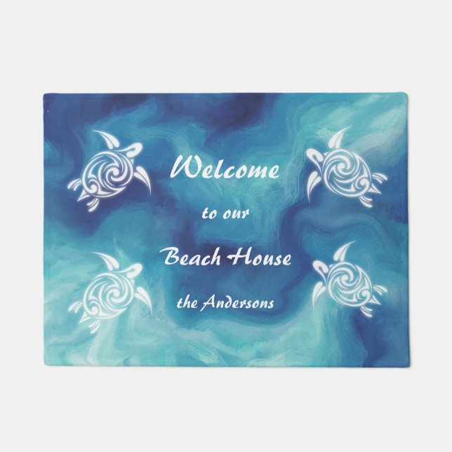 Turtles Beach House Family Name White Blue Doormat (Front)