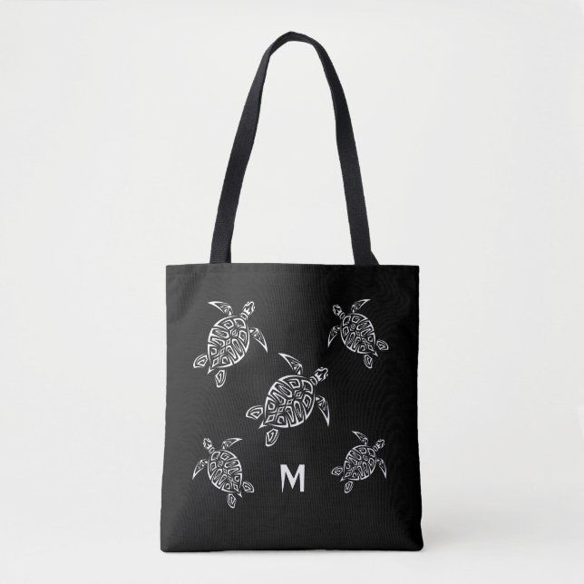 Turtles Black White Coastal Maritime Monogram Tote Bag (Front)