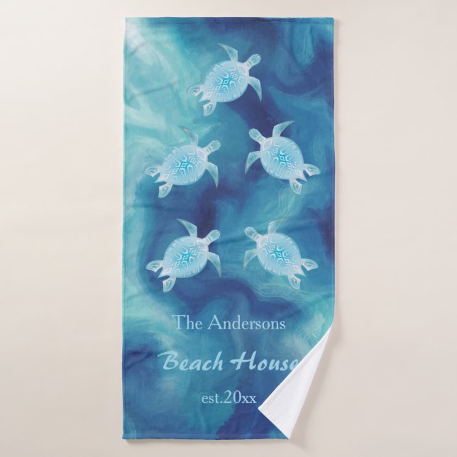 Turtles Blue Watercolor Family Name Coastal Bath Towel (Bath Towel)