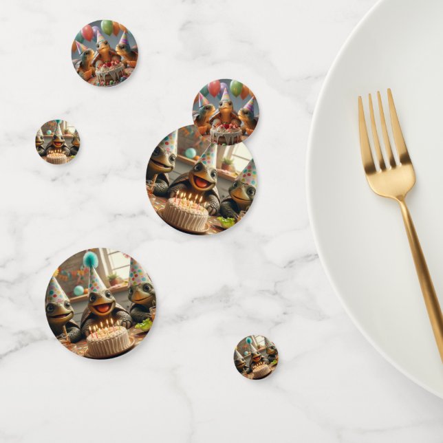 Turtles celebrating birthday with cake and hats  confetti (Group)