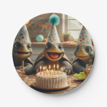 Turtles celebrating birthday with cake and hats In