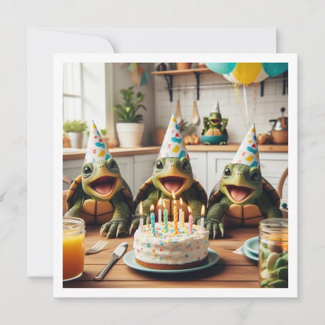 Turtles celebrating birthday with cake and hats invitation (Front)